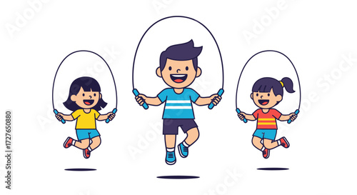Three cheerful children joyfully jumping rope together in a fun outdoor activity.