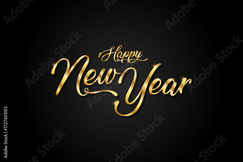 gold, happy new year hand-drawn, handwritten lettering on black background. calligraphy, typography, design vector illustration.