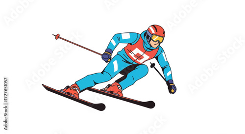 Dynamic Skier in Blue and Red Suit Downhill Skiing.