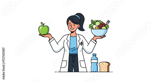 Cartoon Dietitian Holding Apple and Salad Bowl Promoting Healthy Eating.