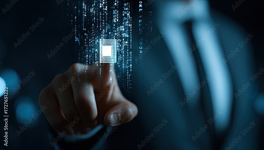 Fototapeta premium A hand touches a glowing digital interface