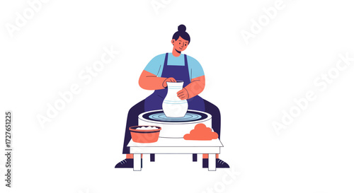 Artist shaping clay on a pottery wheel creating a ceramic vase.