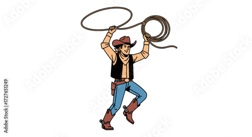 Cartoon Cowboy in Action Swinging Lasso Rope Ready to Throw.
