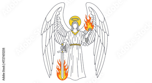 Divine Angel with Flaming Sword Torch and Halo Illustration.
