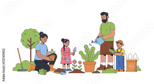 Happy Family Gardening Together Planting Flowers and Cactus.