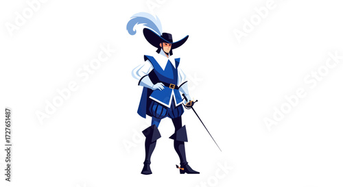 Cartoon Illustration of a Musketeer in Blue Uniform with Sword.