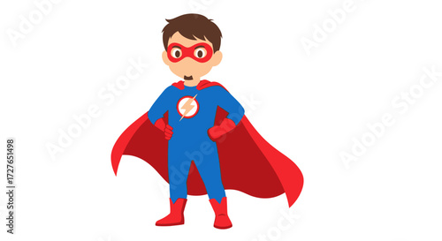 Cartoon Boy Superhero in Blue Suit and Red Cape with Mask.