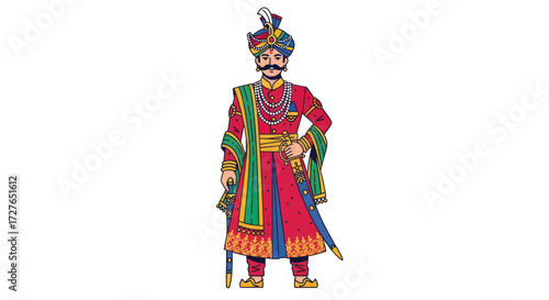 Colorful Illustration of a Traditional Indian King in Regal Attire.