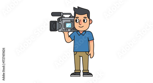 Cartoon Cameraman with Professional Video Camera on Shoulder.