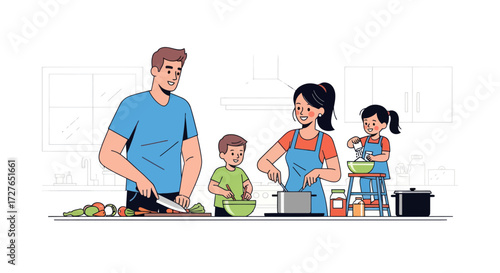 A young family of four parents and kids joyfully cooking together in a modern kitchen illustration.