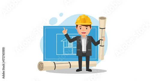 Cartoon Architect with Blueprint and Hard Hat Pointing Upward.