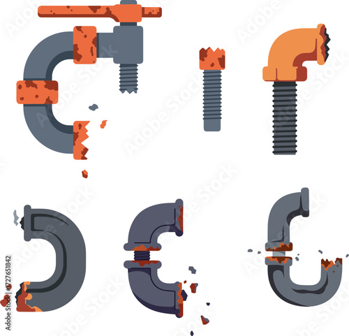 Rusty plumbing pipe fittings and screws in flat modern style, transparent background  
