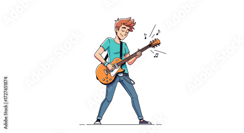 Cartoon Illustration of a Teenager Playing Electric Guitar.