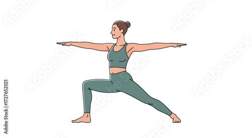 Woman practicing Warrior II yoga pose with arms extended and focused gaze.