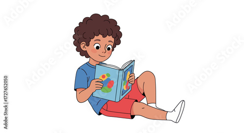 Young Cartoon Boy with Curly Hair Sitting and Reading a Colorful Book.