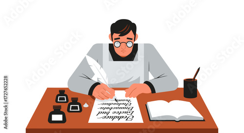Concentrated Calligrapher with Quill Pen and Inkwells.