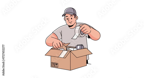 Friendly mover character in a cap sealing a cardboard shipping box with packing tape.