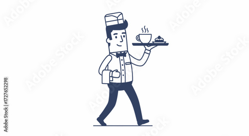 Cartoon Waiter Carrying Tray with Food and Drink.