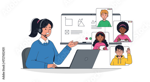 A female teacher with a headset leads an online class via video conference on her laptop.