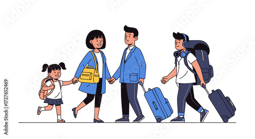 Family on a Journey with Luggage and Backpacks.