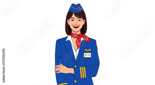 Smiling Female Flight Attendant in Blue Uniform with Red Scarf.