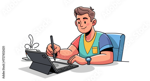 Cartoon Man Drawing on a Tablet with Stylus Wearing a Watch and Colorful Shirt.