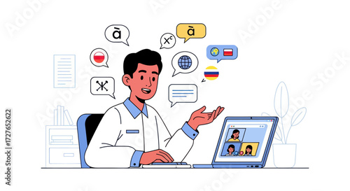 Cartoon Man Teaching Online with Language Symbols and Laptop.