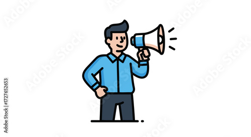 Smiling Man Announcing with a Megaphone.