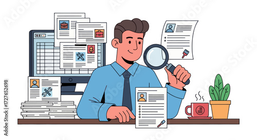 HR manager at a desk using a magnifying glass to review candidate resumes and CVs for a job vacancy.