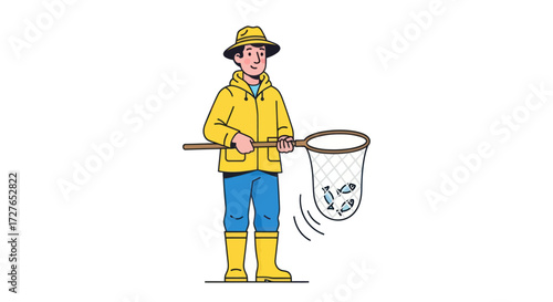 Cartoon man in yellow rain gear and hat holding a fishing net with fish inside.
