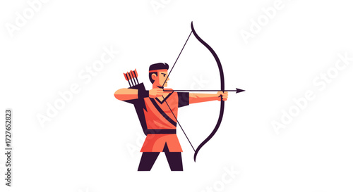 Archer aiming with bow and arrow wearing traditional clothing ready to shoot.