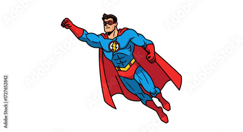 A classic comic book superhero flying with an outstretched fist wearing a blue suit and red cape.
