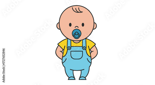 Adorable cartoon baby wearing blue overalls and a yellow shirt with a pacifier.