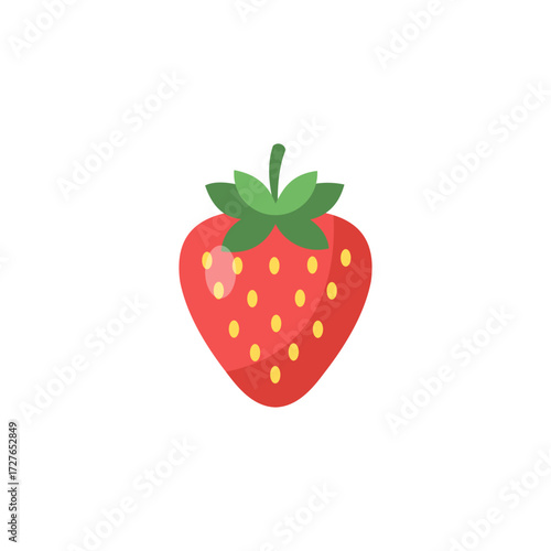 Illustration of a strawberry with green leaves and yellow seeds.