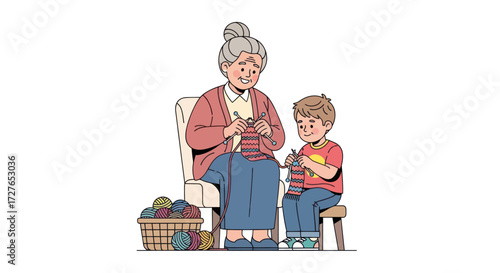Grandmother and Grandson Knitting Together Learning Craft.