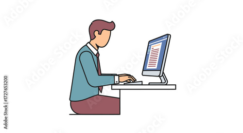 A young businessman in a blue jacket sitting at a desk and typing on a desktop computer.