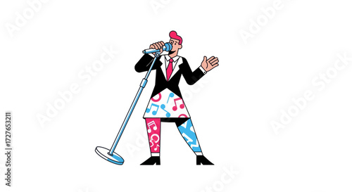 Singer in Suit with Microphone Colorful Design.
