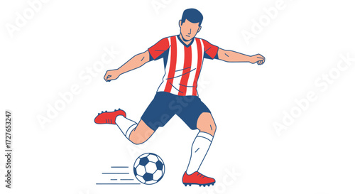 Athletic Soccer Player in Red and White Striped Jersey Kicking Ball.