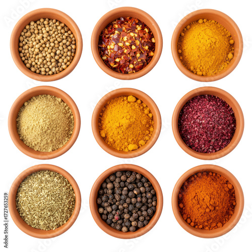 Eight rustic terracotta bowls showcasing diverse vibrant spices like coriander, chili, turmeric, and paprika, on a transparent background, flat lay. Concept of culinary diversity and exploration