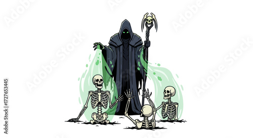 Dark Sorcerer and Skeletal Figures in a Fantasy Scene.