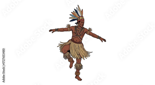 Dynamic Indigenous Dancer in Traditional Feathered Headdress and Fringed Attire.