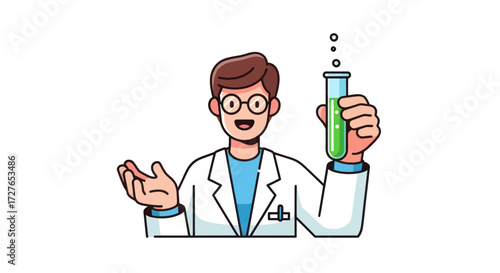 A smiling cartoon scientist in a lab coat holding a bubbling green test tube.