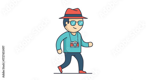 Cartoon Man in Fedora Hat and Glasses Walking with Camera.