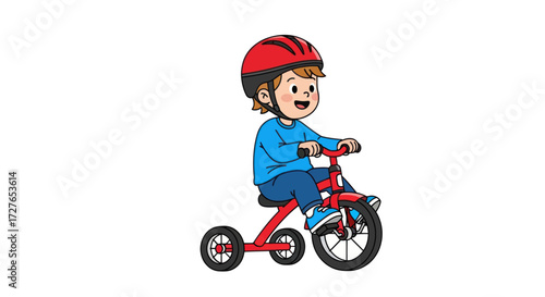 Child Riding a Tricycle with Red Helmet and Blue Shirt.