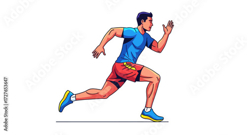 Dynamic illustration of a male athlete sprinting in blue and red sportswear.