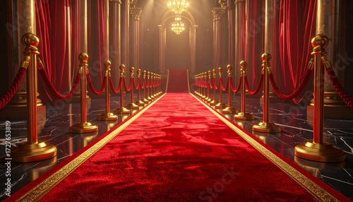 Lavish hall with red carpet, golden stanchions, marble floors, and dramatic lighting