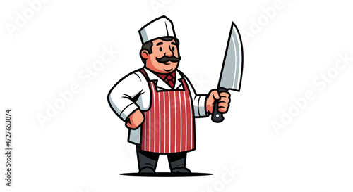 Smiling Cartoon Butcher Character Holding Large Knife in Striped Apron.