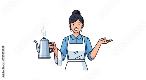 Smiling waitress holding a steaming coffee pot.