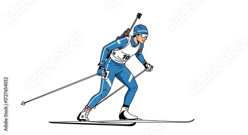 Biathlete in Blue and White Uniform Skiing.
