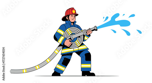 Cartoon Firefighter Holding Hose Spraying Water.